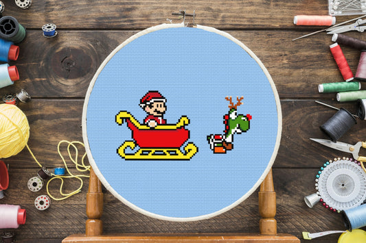 Santa Mario with Yoshi Cross Stitch Pattern