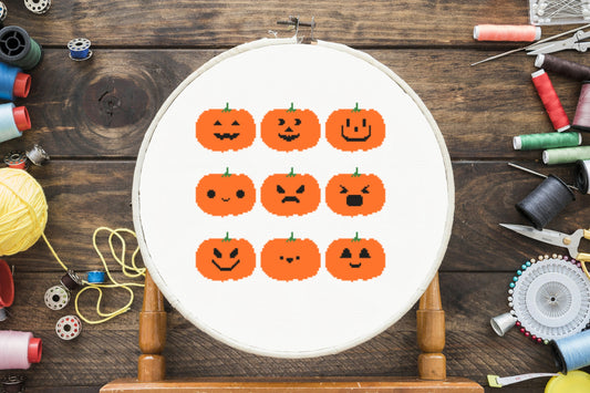 Pumpkin Faces Cross Stitch Pattern for Wooden Canvas