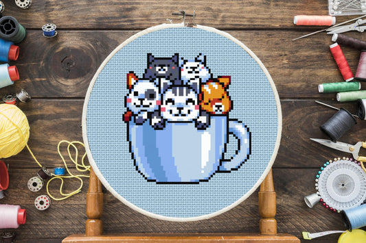Cup of Kitties Cross Stitch Pattern