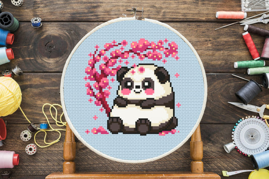 Panda Cherry Blossom Cross Stitch Pattern