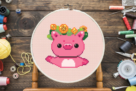 Floral Crown Pig Cross Stitch Pattern