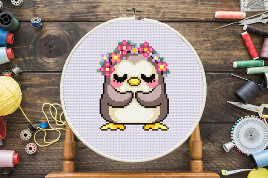 Floral Penguin Cross Stitch Pattern